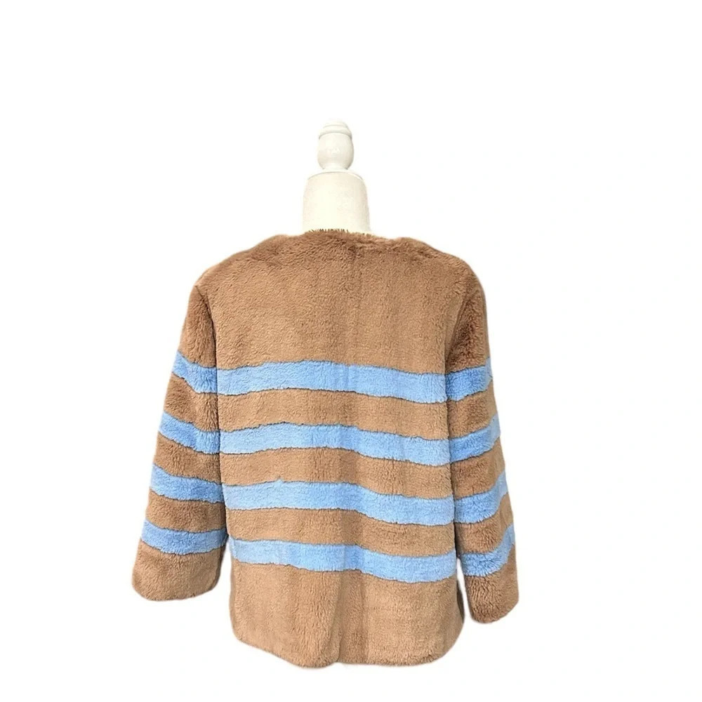 Kule The Bailey Striped Faux Fur Jacket Size L blue and brown excellent cond - Picture 4 of 11